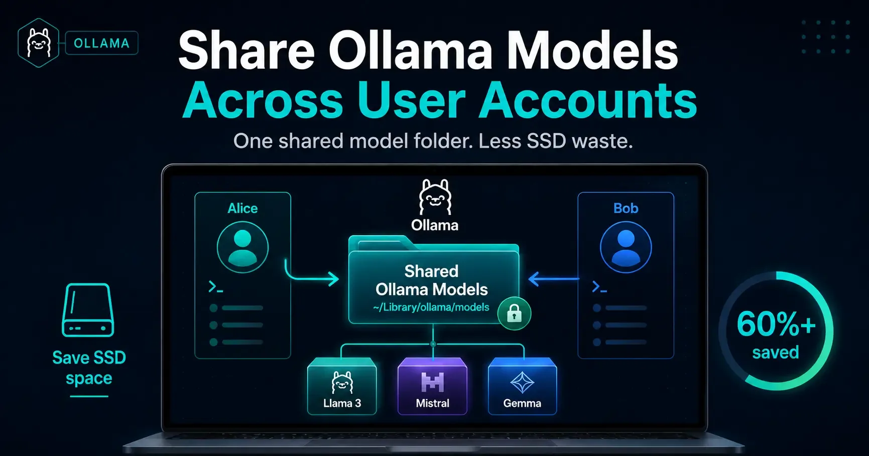 Developer laptop running Ollama with multiple user profiles sharing one local LLM model store
